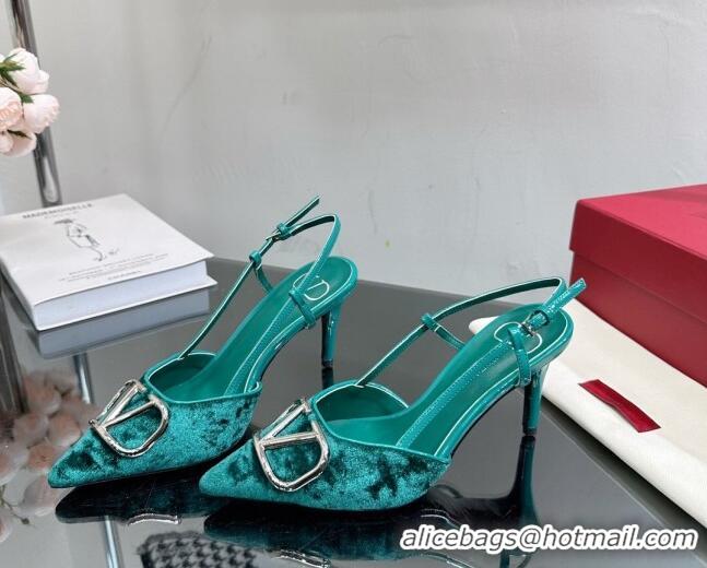 Sumptuous Valentino VLogo Signature Slingback Pumps 8cm in Velvet Green 0108106