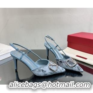 Good Quality Valentino VLogo Signature Slingback Pumps 8cm in Velvet Pale Blue 0108108