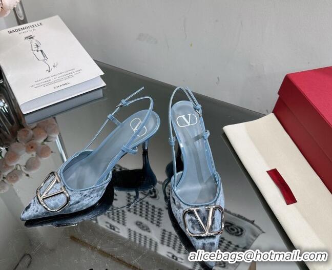 Good Quality Valentino VLogo Signature Slingback Pumps 8cm in Velvet Pale Blue 0108108