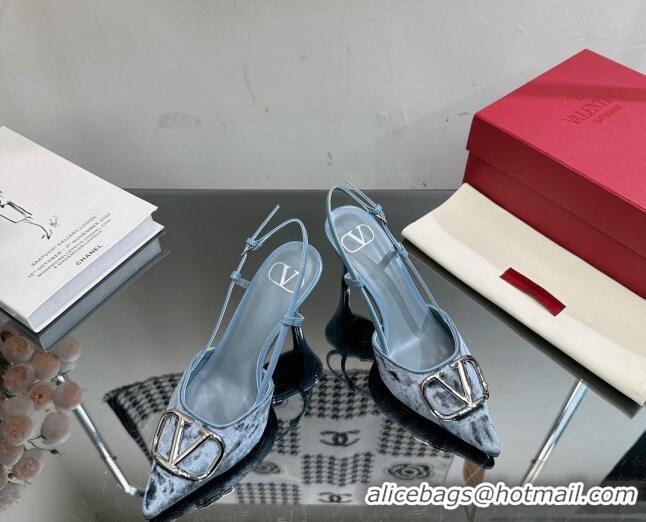 Good Quality Valentino VLogo Signature Slingback Pumps 8cm in Velvet Pale Blue 0108108