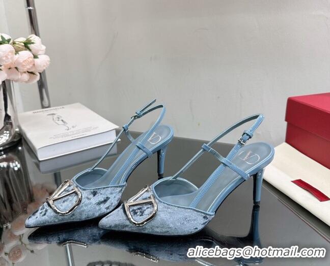 Good Quality Valentino VLogo Signature Slingback Pumps 8cm in Velvet Pale Blue 0108108