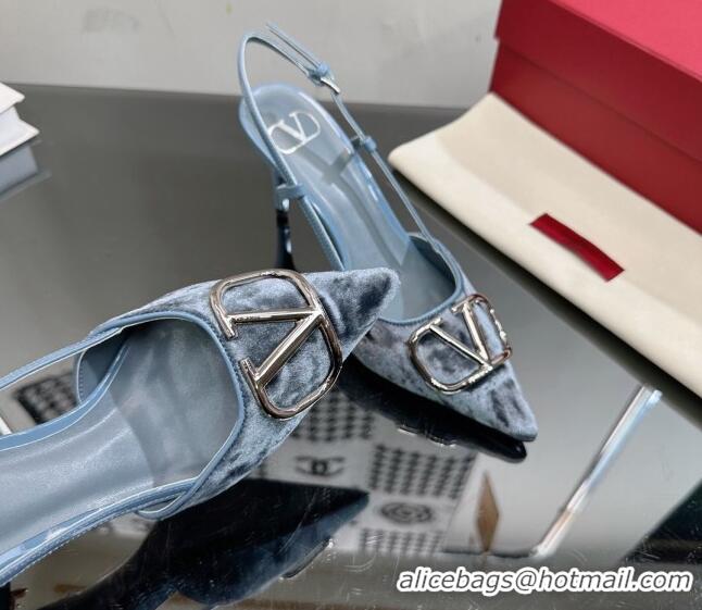 Good Quality Valentino VLogo Signature Slingback Pumps 8cm in Velvet Pale Blue 0108108