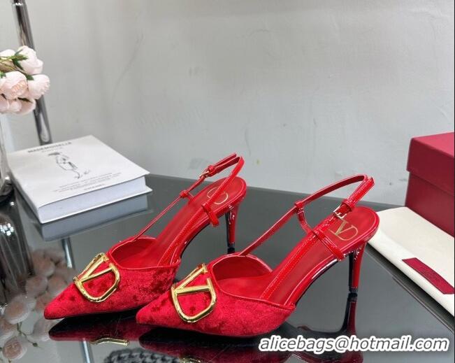 Unique Style Valentino VLogo Signature Slingback Pumps 8cm in Velvet Red 0108109