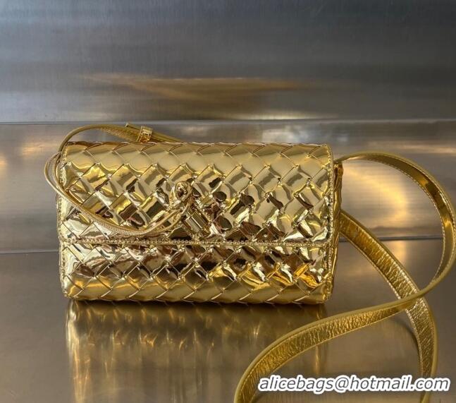 Classic Bottega Veneta Mini Andiamo Cross-Body Bag in Intrecciato Laminated Leather 755545 Gold 2023