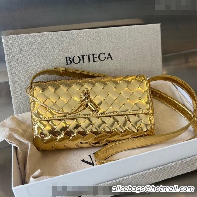 Classic Bottega Veneta Mini Andiamo Cross-Body Bag in Intrecciato Laminated Leather 755545 Gold 2023