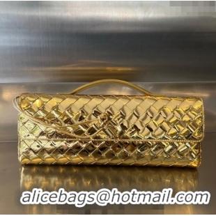 Promotional Bottega Veneta Long Clutch Bag Andiamo With Handle in Intrecciato Laminated Leather 741511 Gold 2023