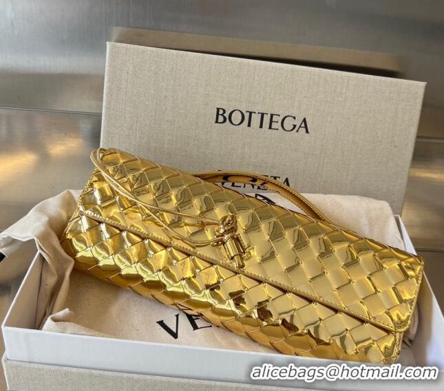 Promotional Bottega Veneta Long Clutch Bag Andiamo With Handle in Intrecciato Laminated Leather 741511 Gold 2023