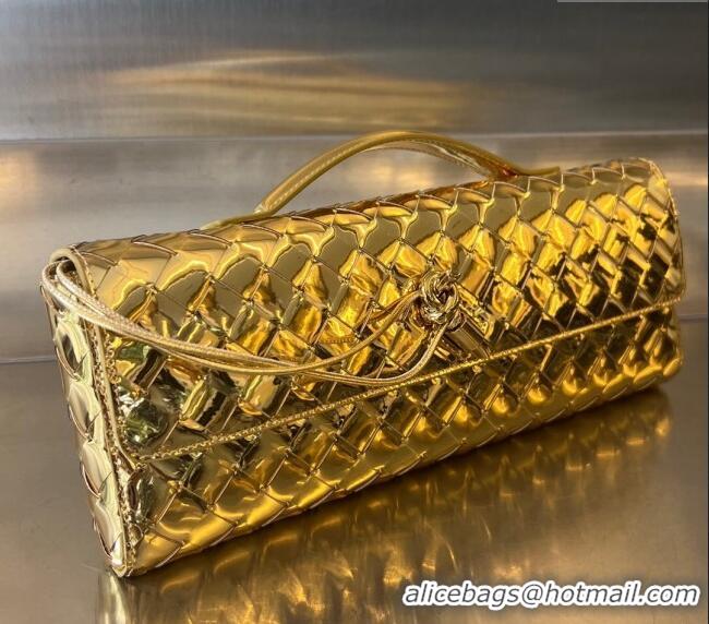 Promotional Bottega Veneta Long Clutch Bag Andiamo With Handle in Intrecciato Laminated Leather 741511 Gold 2023