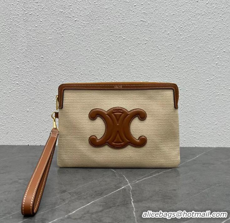 Super Quality Celine Small Pouch With Strap Cuir Triomphe In Textile And Calfskin C0024 White