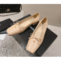 Shop Duplicate Chanel Lambskin Square Pumps 3.5cm with Bow CH121307 Beige 