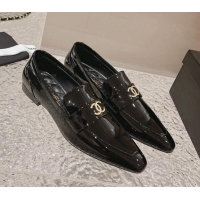 Pretty Style Chanel Patent Calfskin Pointed Loafers Black 1213047