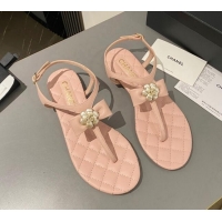 Good Looking Chanel Lambskin Flat Thong Sandals with Bloom Bow Light Pink 213049