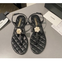 Low Cost Chanel Lambskin Flat Thong Sandals with Bloom Bow Black 1213050