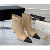 Shop Duplicate Chanel Calfskin Pointed Ankle Boots 7.5cm with Buckle Beige 213059