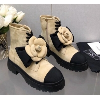 Good Quality Chanel Suede Ankle Boot with Camellia Bloom Beige 213065