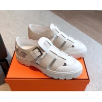 Low Cost Hermes Strap Sandals in Canvas and Calfskin White 117021