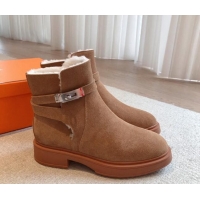 Perfect Hermes Veo Ankle Boots in Suede and Shearling with Kelly Buckle Brown 1215011