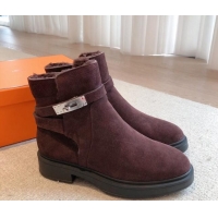 Pretty Style Hermes Veo Ankle Boots in Suede and Shearling with Kelly Buckle Purple 1215012