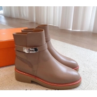 Grade Quality Hermes History Ankle Boots in Calfskin with Kelly Buckle Dark Beige 1215013