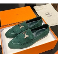 Hot Style Hermes Royal Loafers in Suede with Fringe Dark Green 215024