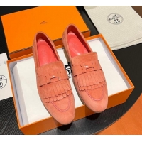 Good Quality Hermes Royal Loafers in Suede with Fringe Peachy Pink 215025