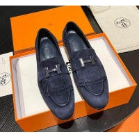 Shop Duplicate Hermes Royal Loafers in Suede with Fringe Dark Blue 215026