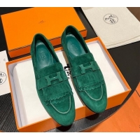 Classic Hot Hermes Royal Loafers in Suede with Fringe Green 215031