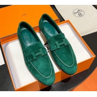 Cheap Price Hermes Paris Loafers in Suede Green 215036