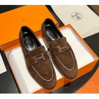 Durable Hermes Paris Loafers in Suede Brown 215037