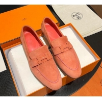 Hot Style Hermes Paris Loafers in Suede Peachy Pink 215038