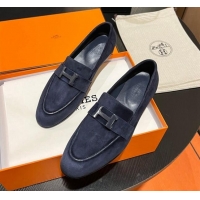 Sophisticated Hermes Paris Loafers in Suede Dark Blue 215043