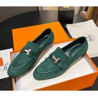 Duplicate Hermes Paris Loafers in Suede Dark Green 215044