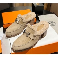 Trendy Design Hermes Flore Heel Mules 7.5cm in Suede and Shearling Beige 215048