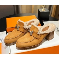 Buy Luxury Hermes Flore Heel Mules 7.5cm in Suede and Shearling Yellow 1215050