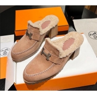 1:1 aaaaa Hermes Flore Heel Mules 7.5cm in Suede and Shearling Light Pink 215051