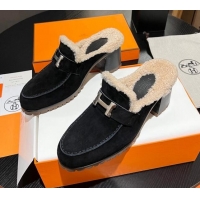 Luxury Cheap Hermes Flore Heel Mules 7.5cm in Suede and Shearling Black 1215052