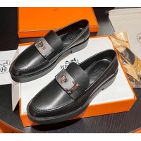 Luxury Hermes Hot Loafers in Calfskin with Oversized Kelly Buckle Black 215053