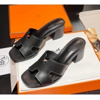 Hot Style Hermes Helia Heel Slide Sandals 6cm in Calfskin Black 215056