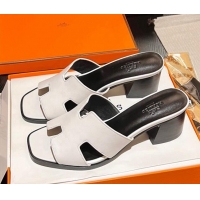 Stylish Hermes Helia Heel Slide Sandals 6cm in Calfskin White 215057