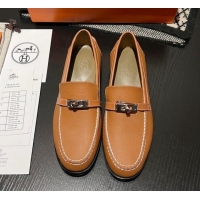 Grade Quality Hermes Destin Loafers in Grained Calfskin with Mini Kelly Buckle Brown 215062