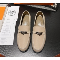 Good Quality Hermes Destin Loafers in Grained Calfskin with Mini Kelly Buckle Beige 215063