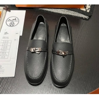 Best Grade Hermes Destin Loafers in Grained Calfskin with Mini Kelly Buckle Black 215064