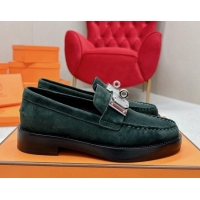 Unique Style Hermes Hot Loafers in Suede with Oversized Kelly Buckle Dark Green 215066