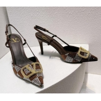 Discount Valentino VLogo Slingback Pumps 7.5cm in Damier Crystals Dark Brown 121145