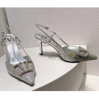 Grade Quality Valentino VLogo Slingback Pumps 7.5cm in Damier Crystals Silver/Multicolor 1121148