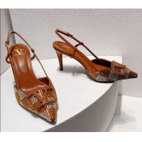 Grade Valentino VLogo Slingback Pumps 7.5cm in Damier Crystals Tan Brown 1121149