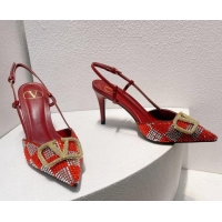 Top Design Valentino VLogo Slingback Pumps 7.5cm in Damier Crystals Red 1121158