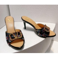 Sophisticated Valentino VLogo Heel Slide Sandals 7.5cm in Damier Crystals Black/Multicolor 1121164