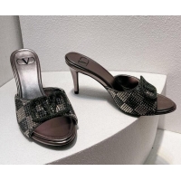 1:1 aaaaa Valentino VLogo Heel Slide Sandals 7.5cm in Damier Crystals Dark Grey 1121169