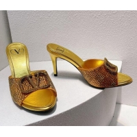 Trendy Design Valentino VLogo Heel Slide Sandals 7.5cm in Damier Crystals Yellow Gold 121171